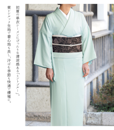 ★【美品✨】東レシルック　洗える着物　単衣　色無地　笹蔓地紋　緑みの灰黄色　A9 ☆【美品✨】東レシルック 洗える着物 単衣 色無地 笹蔓地紋 緑