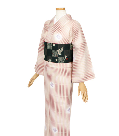 お仕立済み・袷】洗える小紋（縞に源氏香：ピンク）（L） 0012