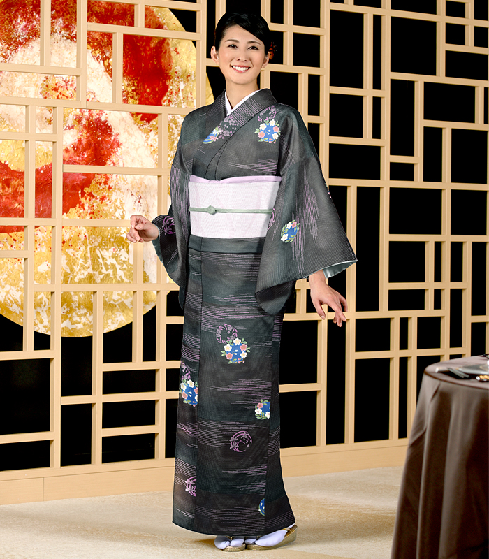 東レ シルック 小紋着物 化繊 金彩 麻の葉 花 kimono A-1465