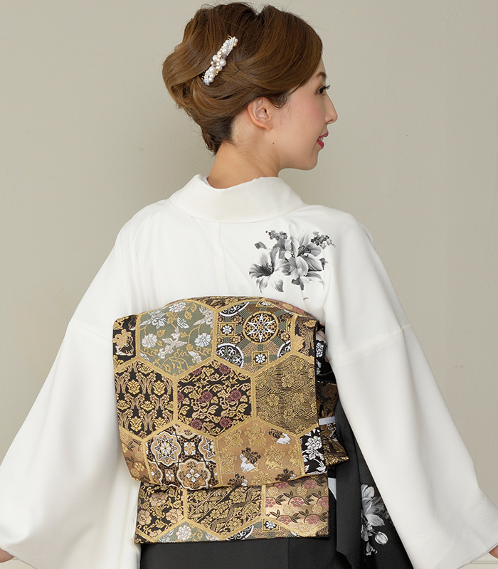 日本製 桐生織 正絹袋帯 カシミールグラデ（クリーム）-