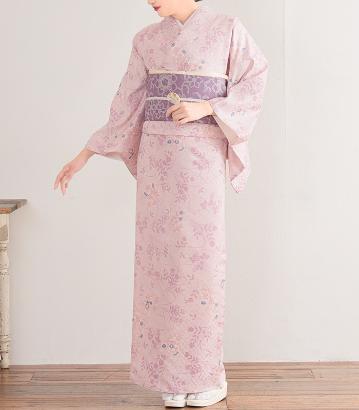 ☆1240☆ 小紋 正絹 袷 着物 くすんだピンク 花柄 和服 和装小紋 - 着物