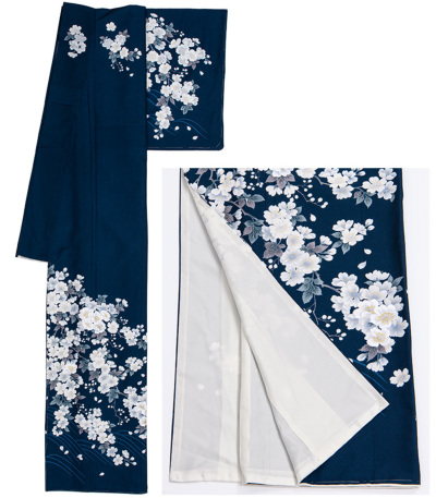 お仕立済み・袷】洗える訪問着（野バラ：紺）（M・L） 洗える訪問着