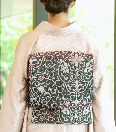 花柄 袋帯 グレー系 リバーシブル 半幅帯 絹 レディース 召しませ華 グレー プリズムレース 細帯