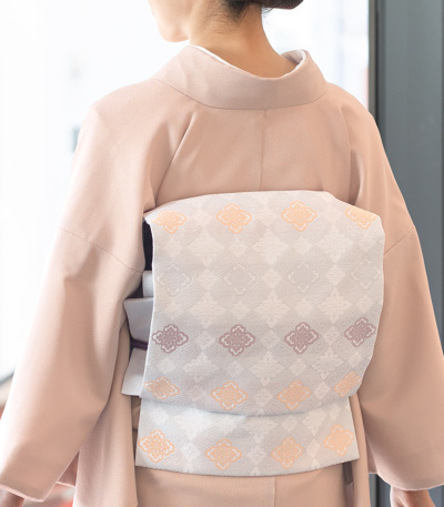 値下げ 着物 と 西陣織り特撰名古屋帯 お仕立済み】西陣織名古屋帯（菱取華紋：グレー） 正絹名古屋帯