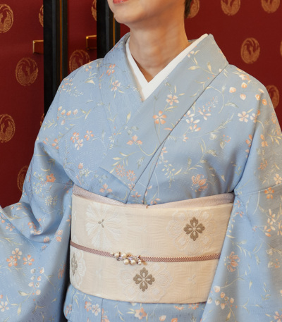 お仕立済み】西陣織名古屋帯（華紋：クリーム） 正絹名古屋帯 【きもの