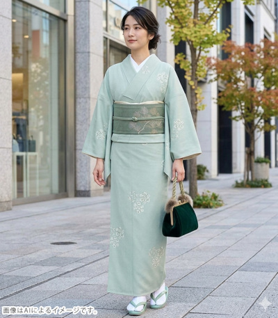 お仕立付き・袷】東レシルック美來小紋（花丸紋：ミントブルー