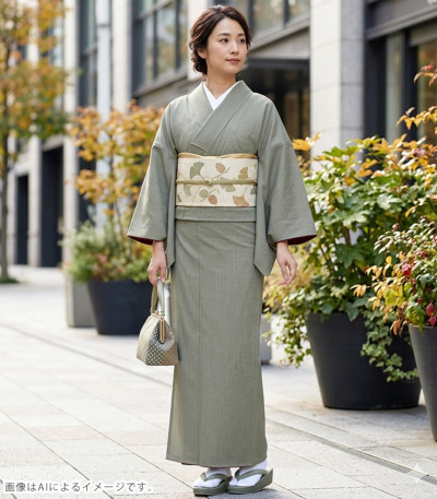 お仕立付き・袷】東レシルック美來角通し小紋（草色：青朽葉）（手縫い