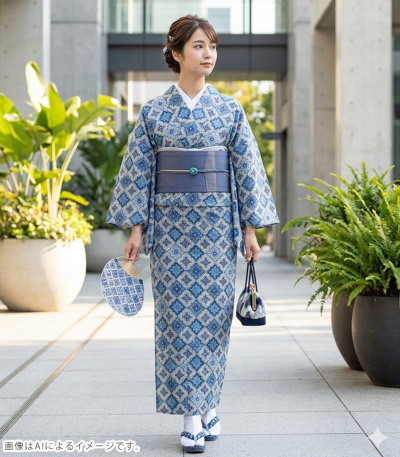 新品SOLEIADOソレイアード 東レセオα反物 ブルー ジャハンギール　日本製 お仕立済み・単衣】SOULEIADO ソレイアード 東レセオα単衣小紋