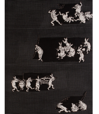 訳有り！西陣全通名古屋帯 　手縫仕立ガード加工付「鳥獣人物戯画」二色段簡易包装 お仕立済み】西陣織夏名古屋帯（鳥獣戯画：黒） 正絹名古屋帯 【きもの